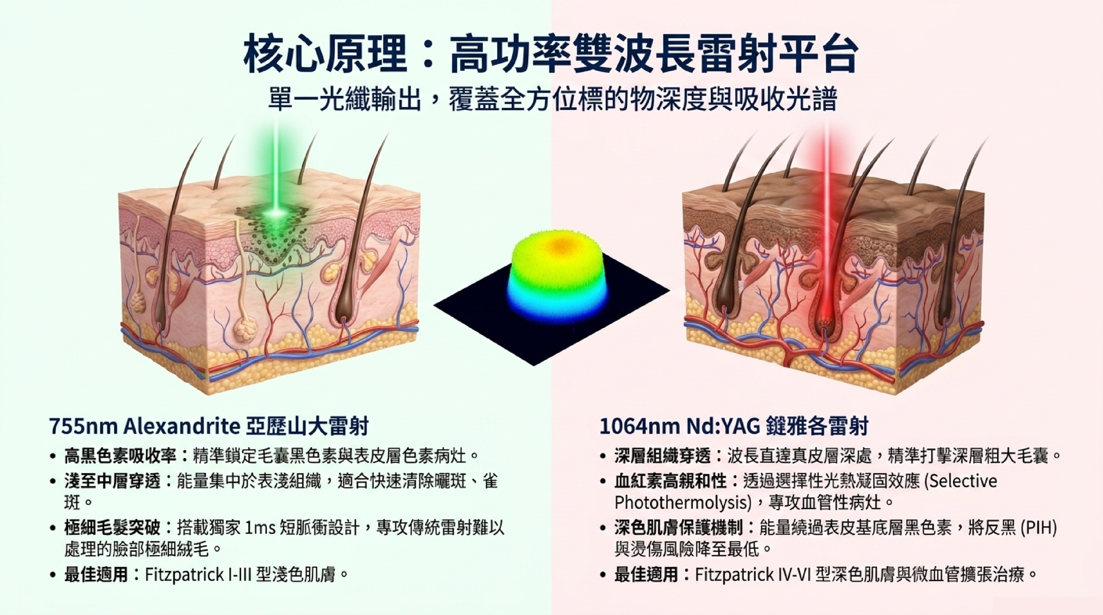 Clarity II 核心原理:高功率雙波長雷射平台,整合 755nm 與 1064nm 雙波長