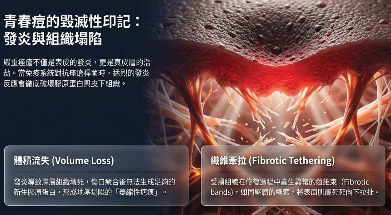 嚴重痤瘡造成的真皮層浩劫:體積流失與異常纖維束牽扯導致組織塌陷