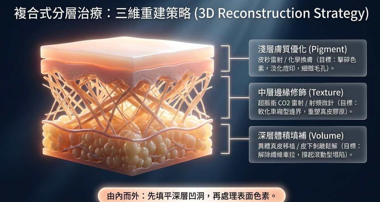 痘疤複合式分層治療:由內而外先填平、再修飾、後淡化的三維重建順序