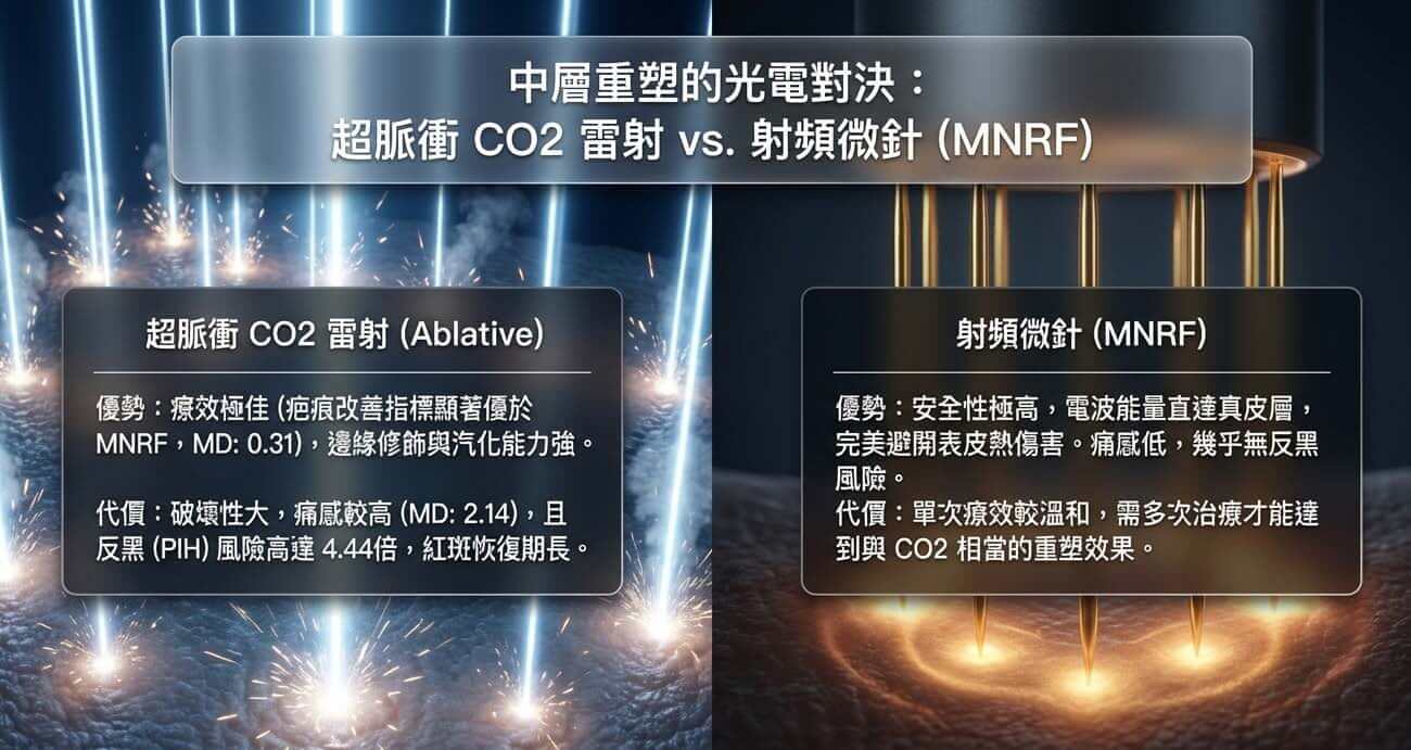 超脈衝 CO2 雷射與射頻微針 MNRF 在痘疤邊緣修飾的比較