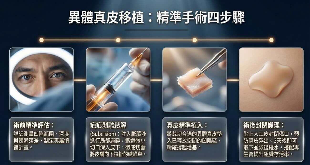 異體真皮移植精準手術四步驟:皮下剝離釋放張力、植入真皮支架、人工皮封閉