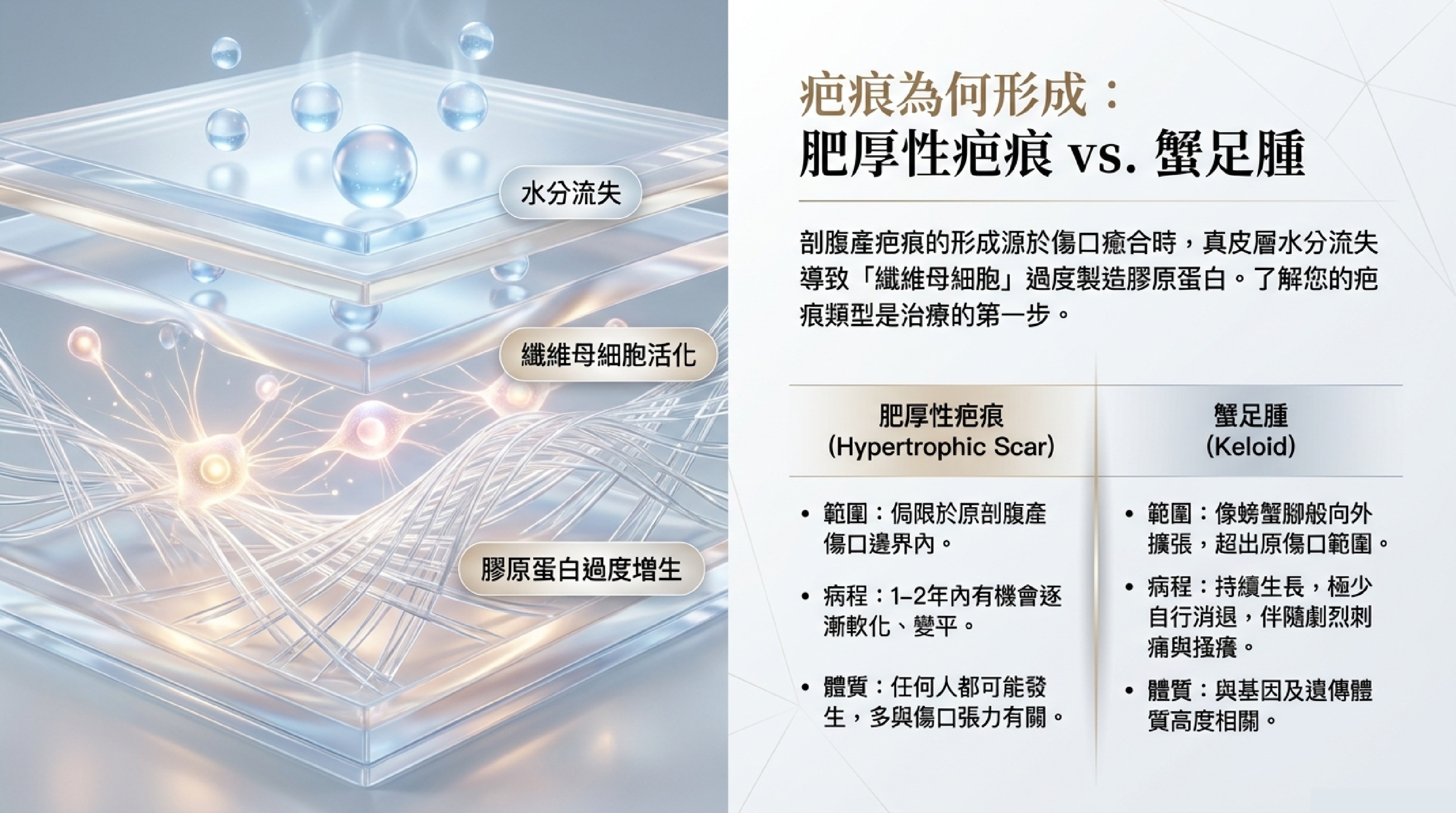 剖腹產疤痕形成機制:肥厚性疤痕與蟹足腫的差異,纖維母細胞過度增生膠原蛋白