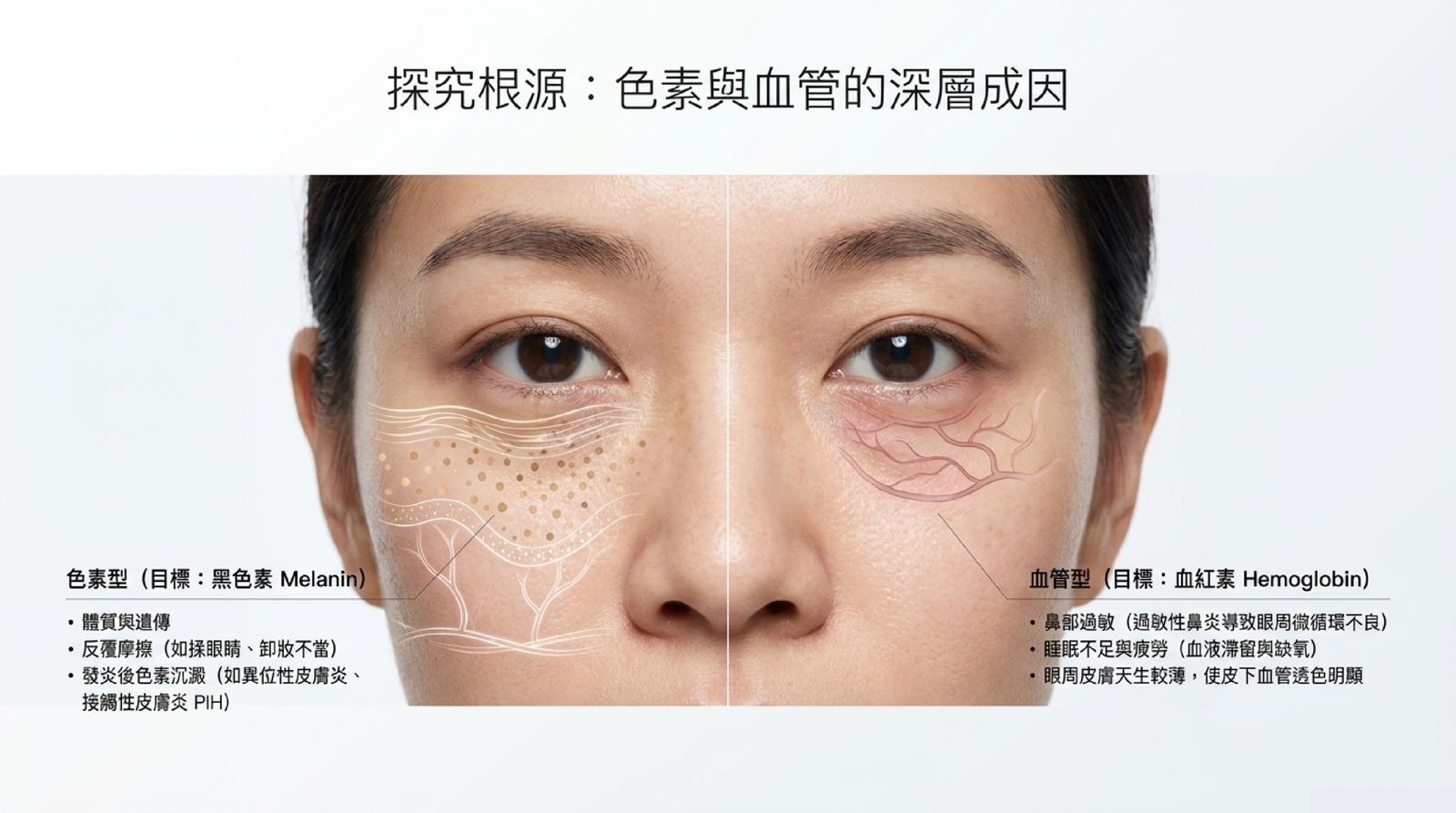 色素型與血管型黑眼圈的標的物差異示意:色素型要處理的是黑色素(melanin),血管型要收的是血紅素(hemoglobin)