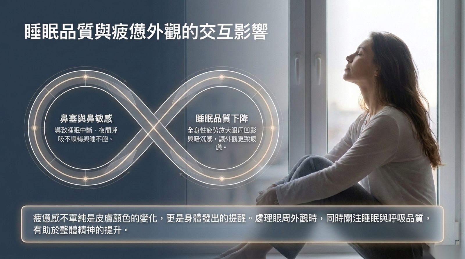 鼻塞與鼻敏感導致睡眠中斷,睡眠品質下降又讓眼周凹影與暗沉更顯疲憊的交互循環