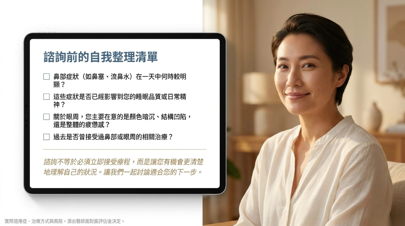 諮詢前的自我整理清單:鼻部症狀明顯的時段、對睡眠的影響、眼周在意的重點與過去治療史