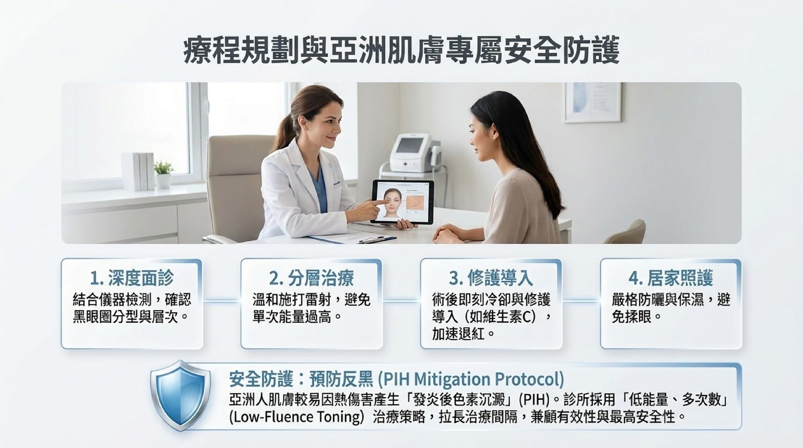 黑眼圈療程規劃與亞洲肌膚安全防護四步驟:深度面診、分層治療、修護導入、居家照護,並以低能量、多次數預防反黑(PIH)