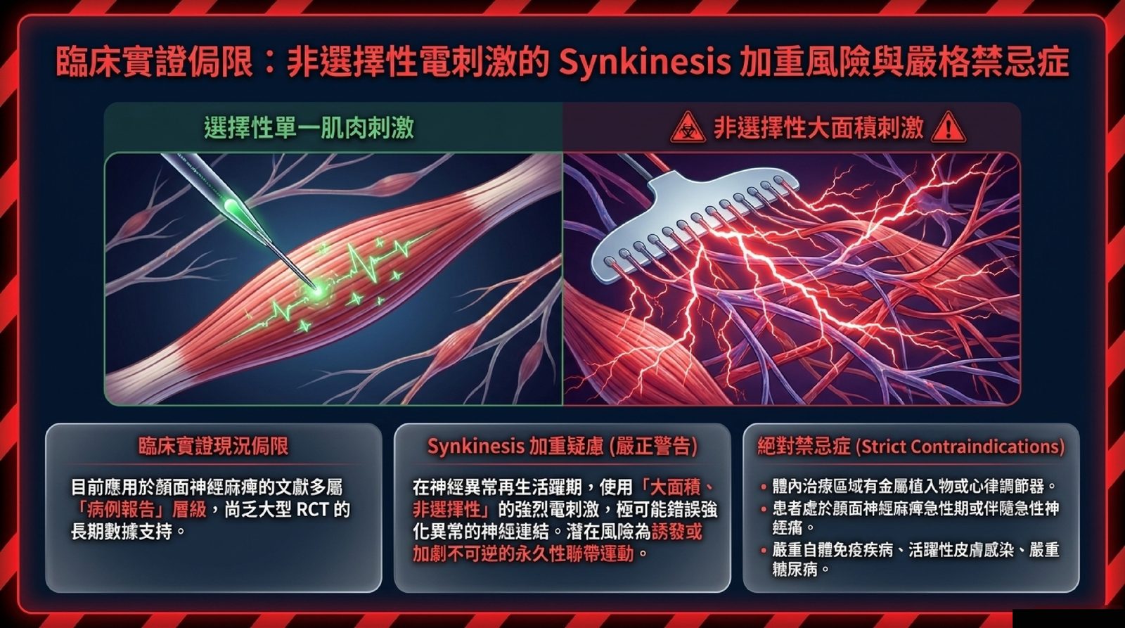 臨床實證侷限示意:選擇性單一肌肉刺激與非選擇性大面積電刺激的對比,以及聯動症加重疑慮與絕對禁忌症說明