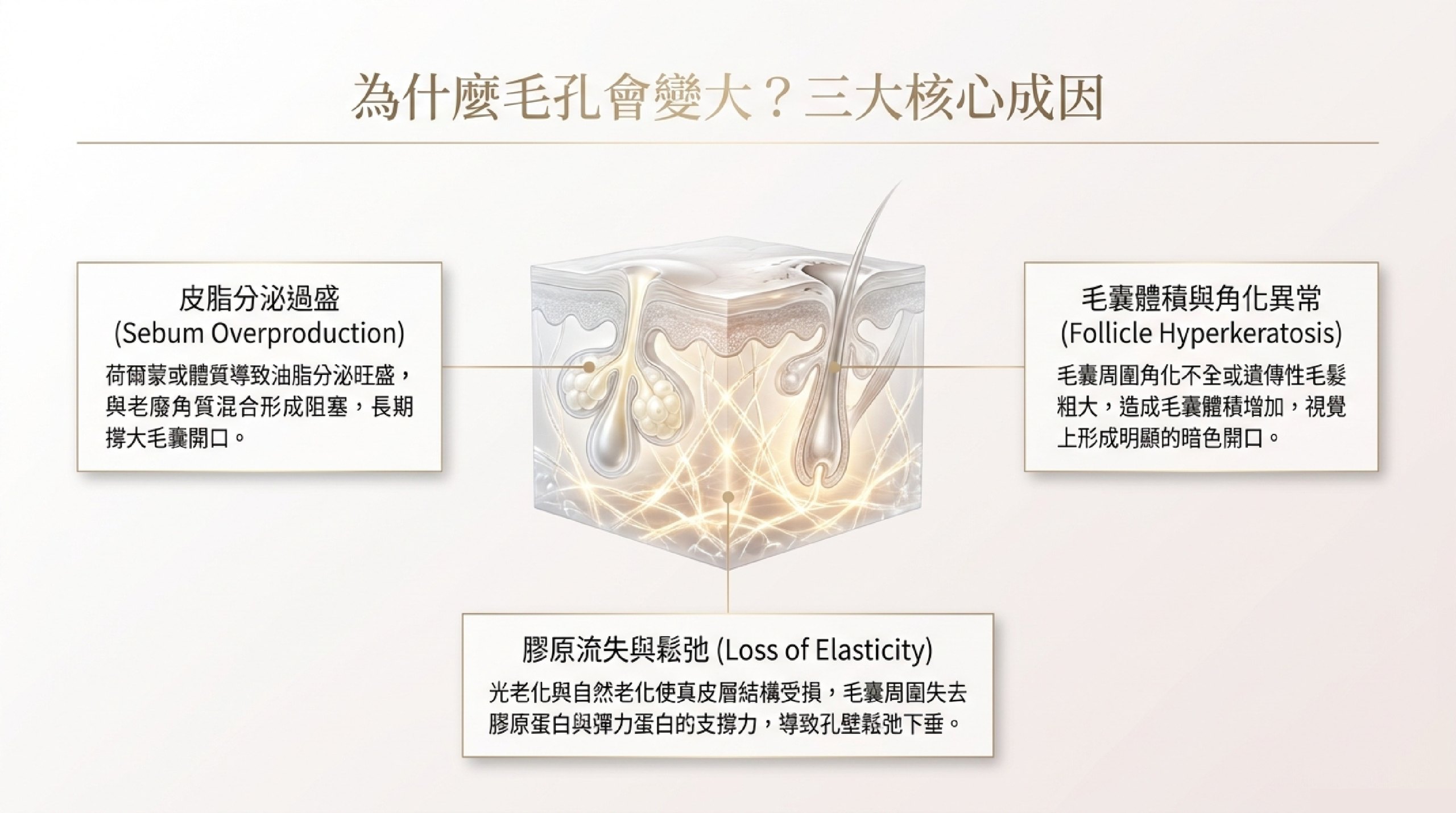 毛孔粗大三大成因:皮脂分泌過盛、毛囊角化異常、膠原流失與鬆弛