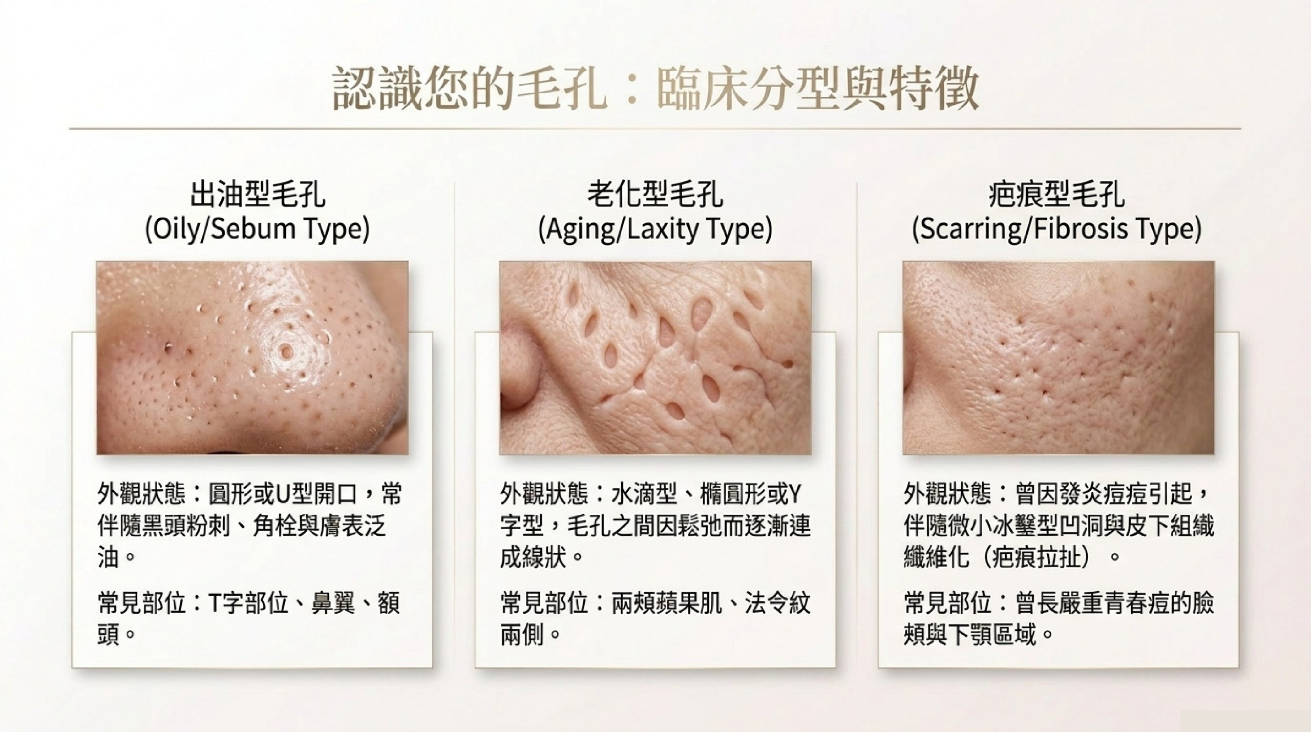 毛孔臨床分型:出油型、老化型、疤痕型毛孔的外觀與好發部位