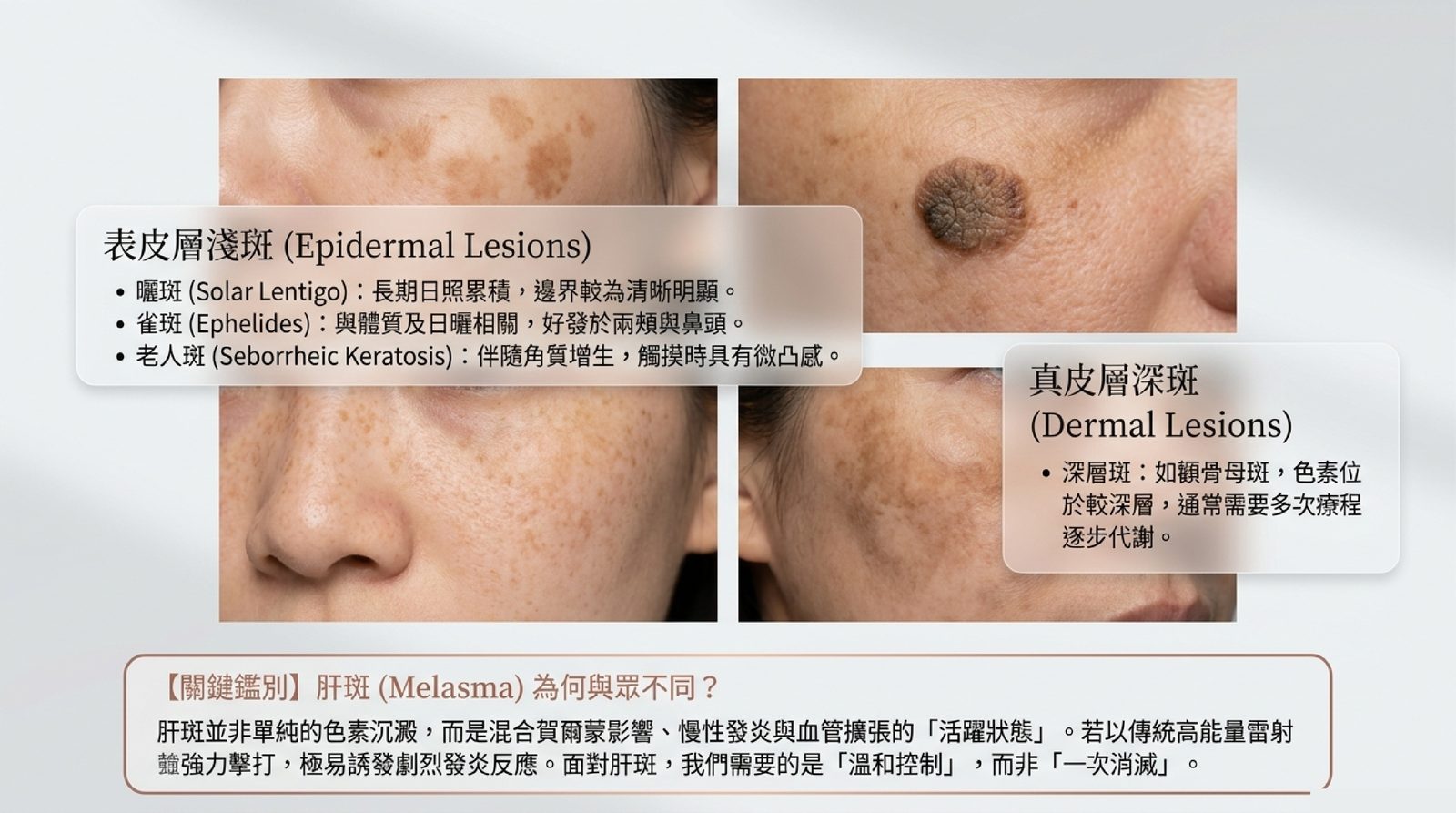 表皮層淺斑(曬斑、雀斑、老人斑)與真皮層深斑的臨床外觀對照,以及肝斑為何需要不同處理