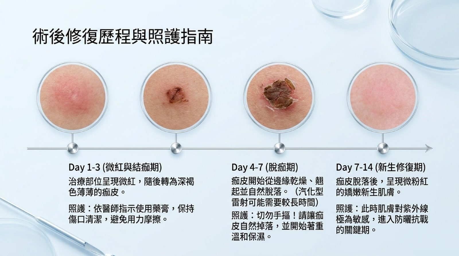 雷射除斑術後修復歷程:Day 1-3 微紅與結痂期、Day 4-7 脫痂期、Day 7-14 新生修復期與各階段照護重點