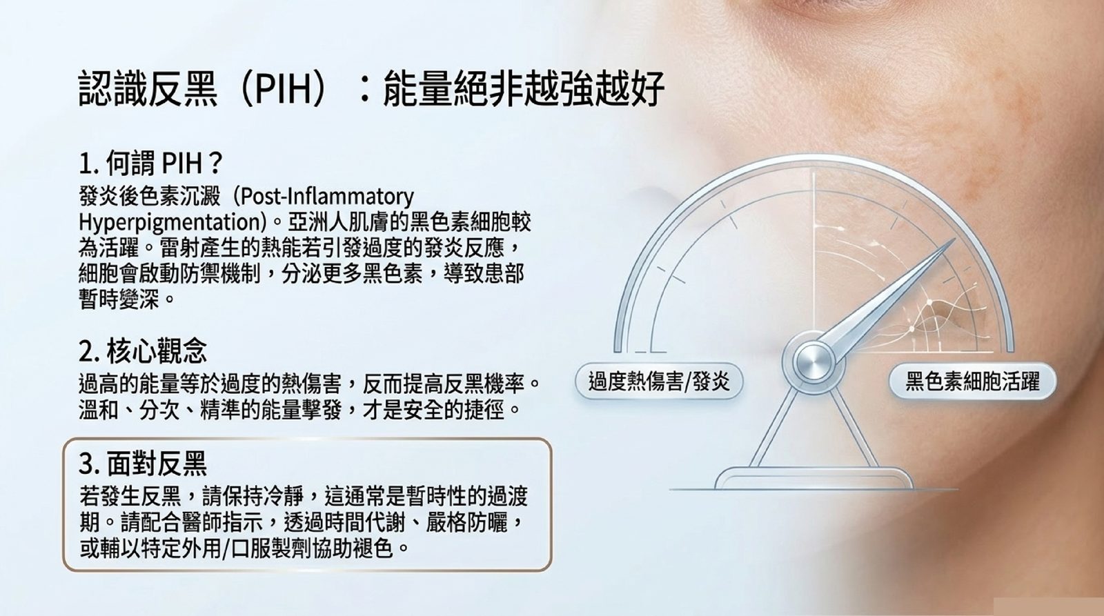 認識反黑(PIH):亞洲人黑色素細胞活躍,過高能量造成過度熱傷害反而提高反黑機率