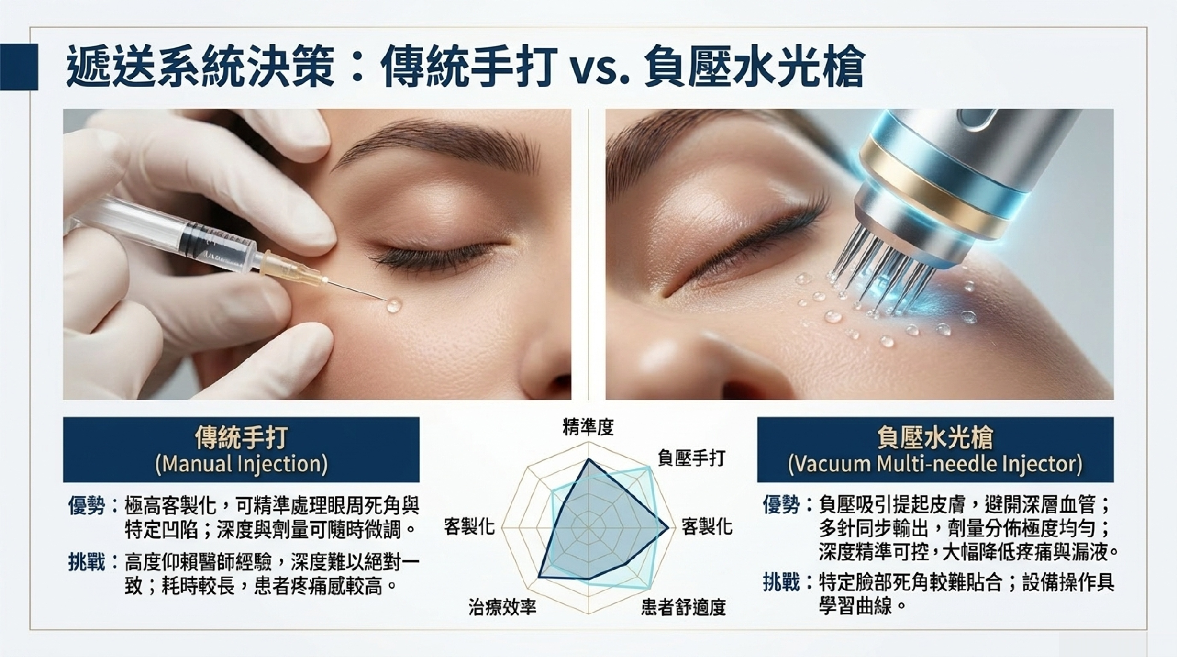 美塑療法遞送系統比較:傳統手打注射與負壓多針水光槍在精準度、客製化、患者舒適度與治療效率上的差異