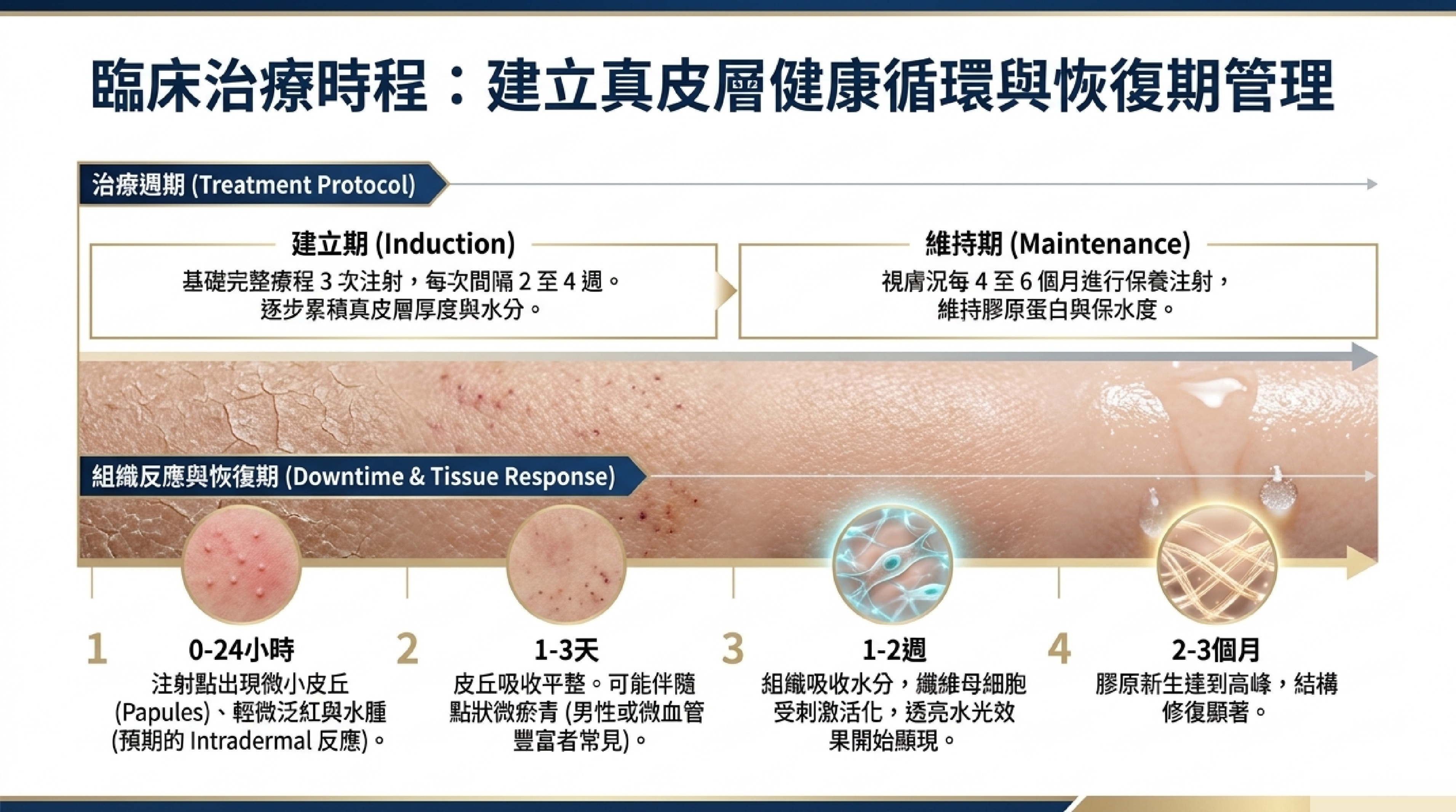 美塑療法臨床治療時程:建立期3次注射間隔2至4週、維持期保養注射,以及0-24小時、1-3天、1-2週、2-3個月的組織反應與恢復期