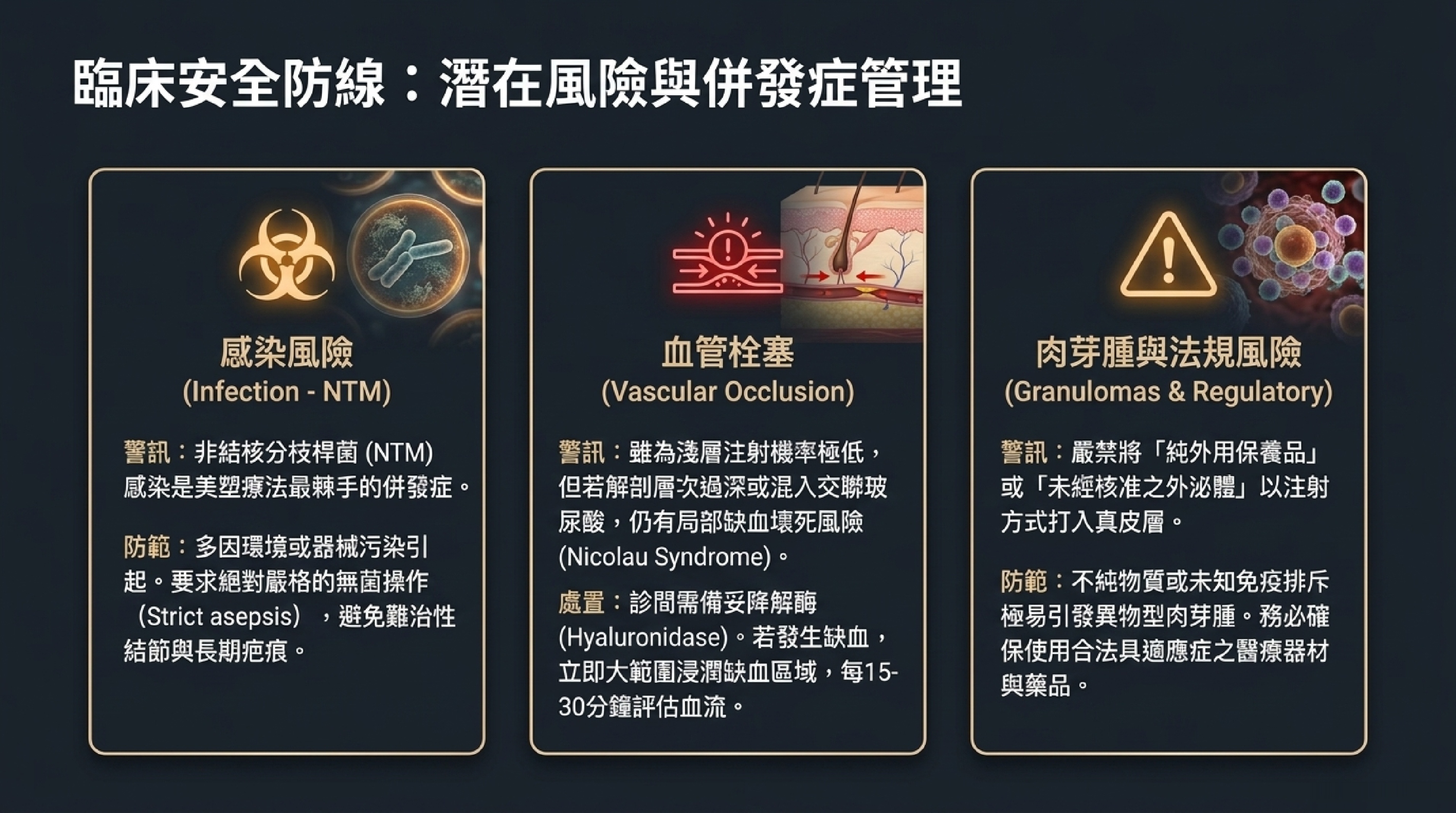 美塑療法臨床安全防線:非結核分枝桿菌NTM感染、血管栓塞Nicolau症候群、肉芽腫與未核准製劑的法規風險與防範重點