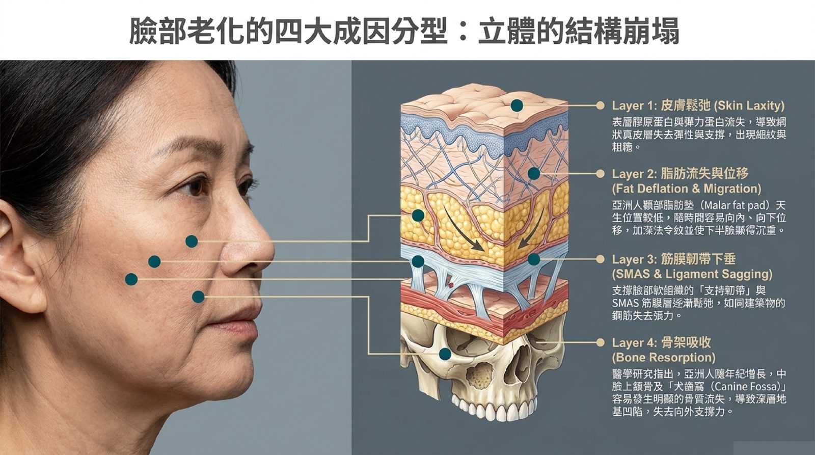 臉部老化四大成因分層圖:皮膚鬆弛、脂肪流失與位移、SMAS 筋膜與韌帶下垂、骨架吸收