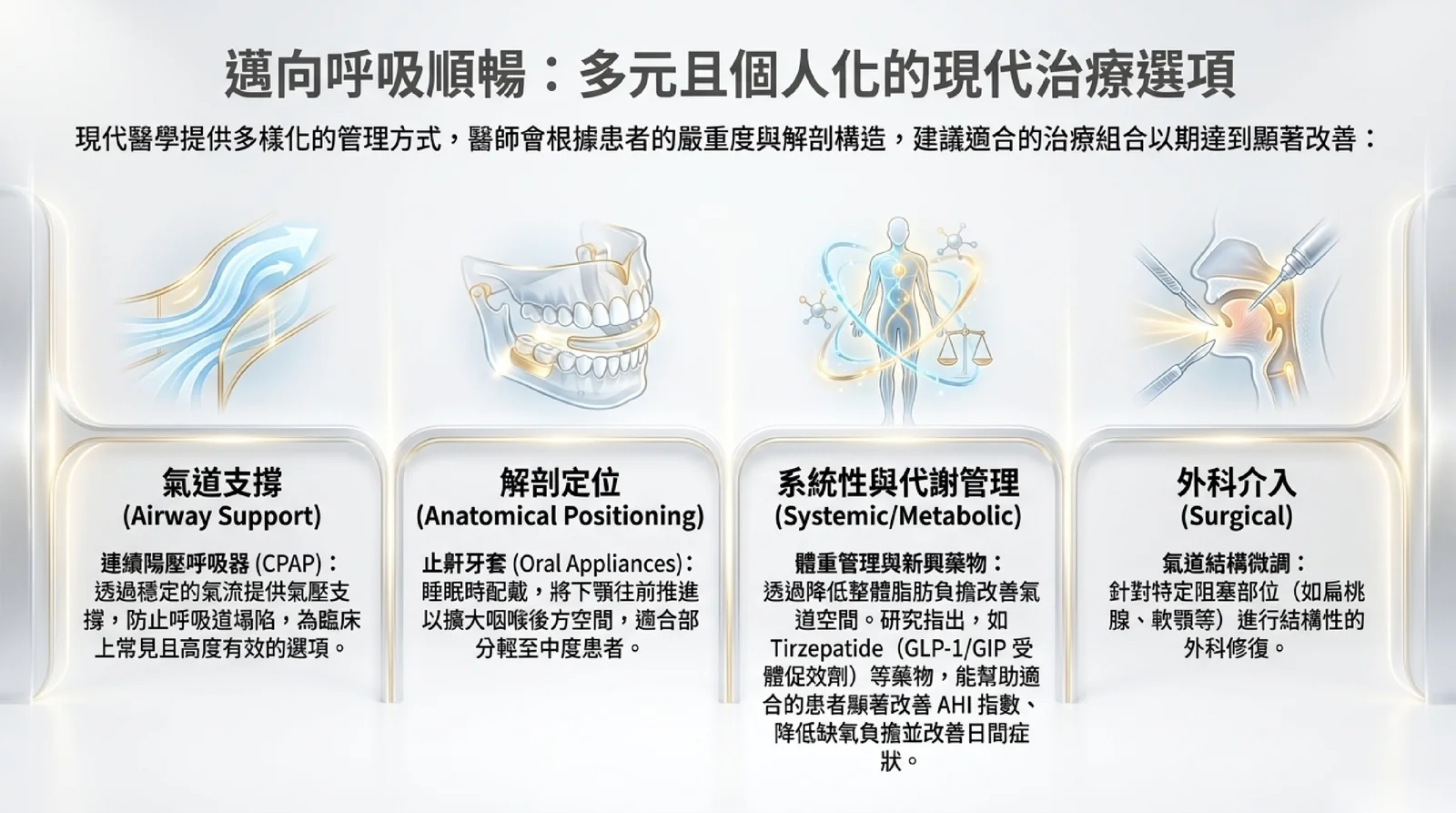 睡眠呼吸中止的治療選項:氣道支撐的連續陽壓呼吸器、睡眠時讓下顎前移的止鼾牙套、體重管理與藥物如 tirzepatide、針對特定阻塞部位的外科手術