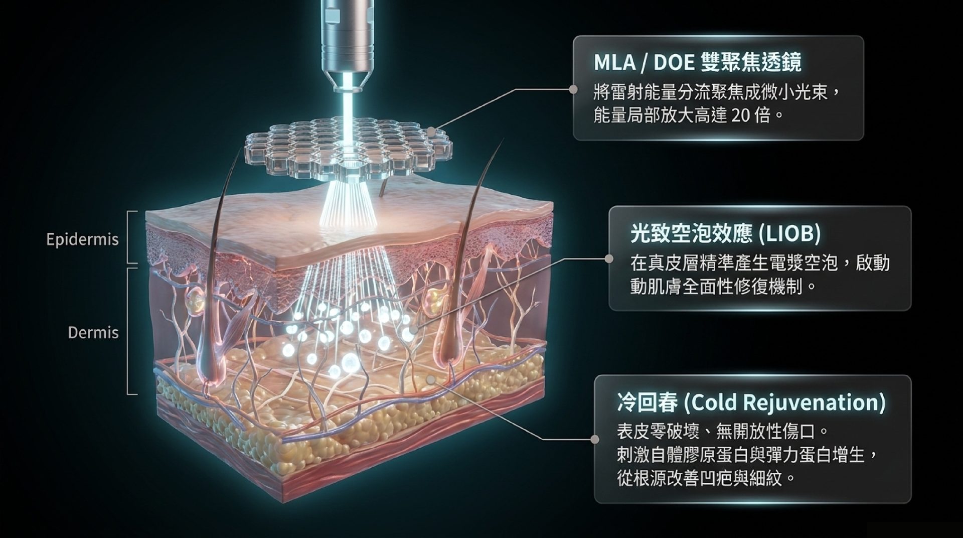 PicoPlus MLA 蜂巢透鏡將能量聚焦至真皮層引發 LIOB 空泡效應示意圖