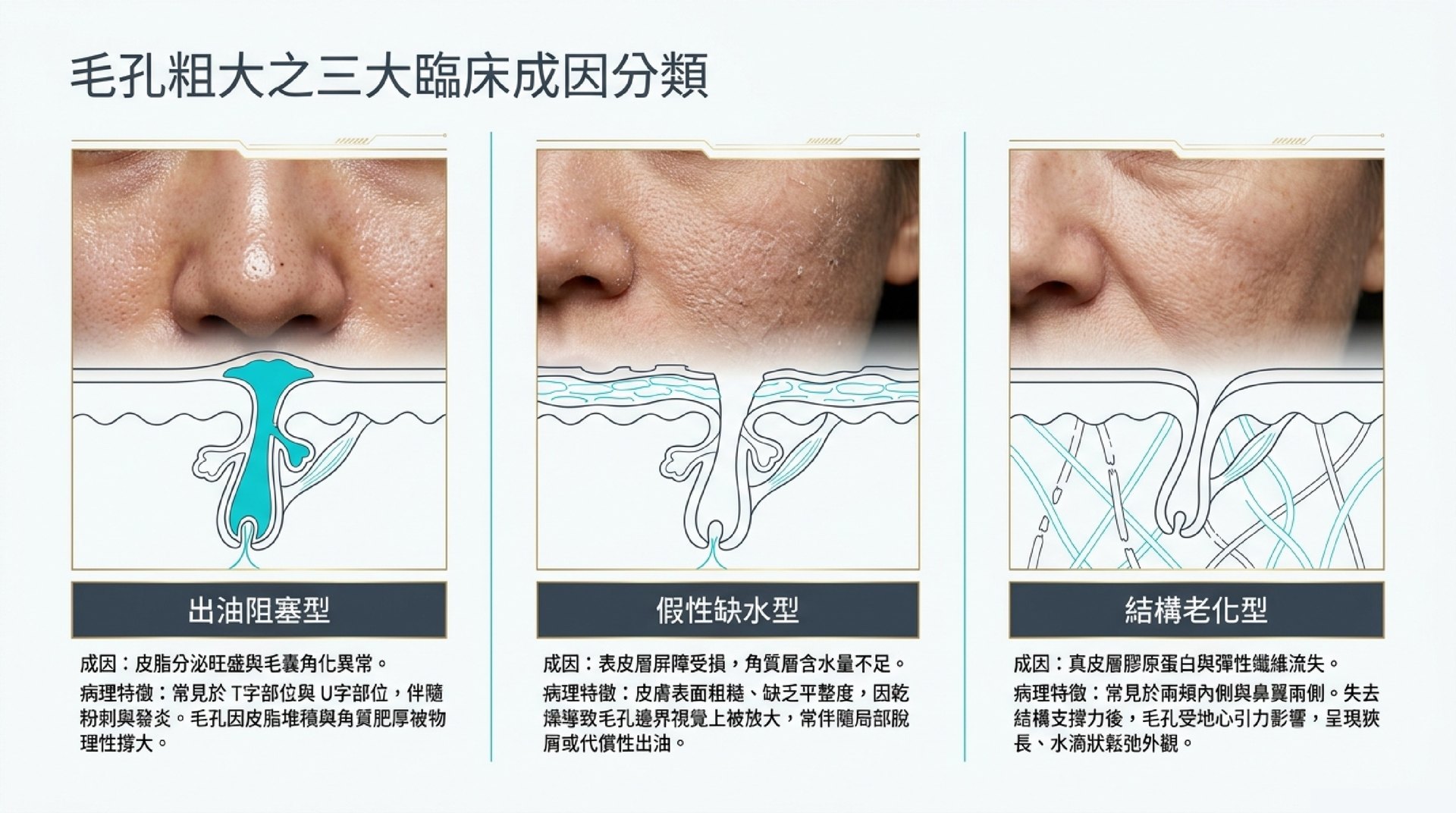 毛孔粗大臨床成因分型:出油阻塞型、假性缺水型、結構老化型與痘疤型,PicoPlus 依型別調整波長與聚焦深度