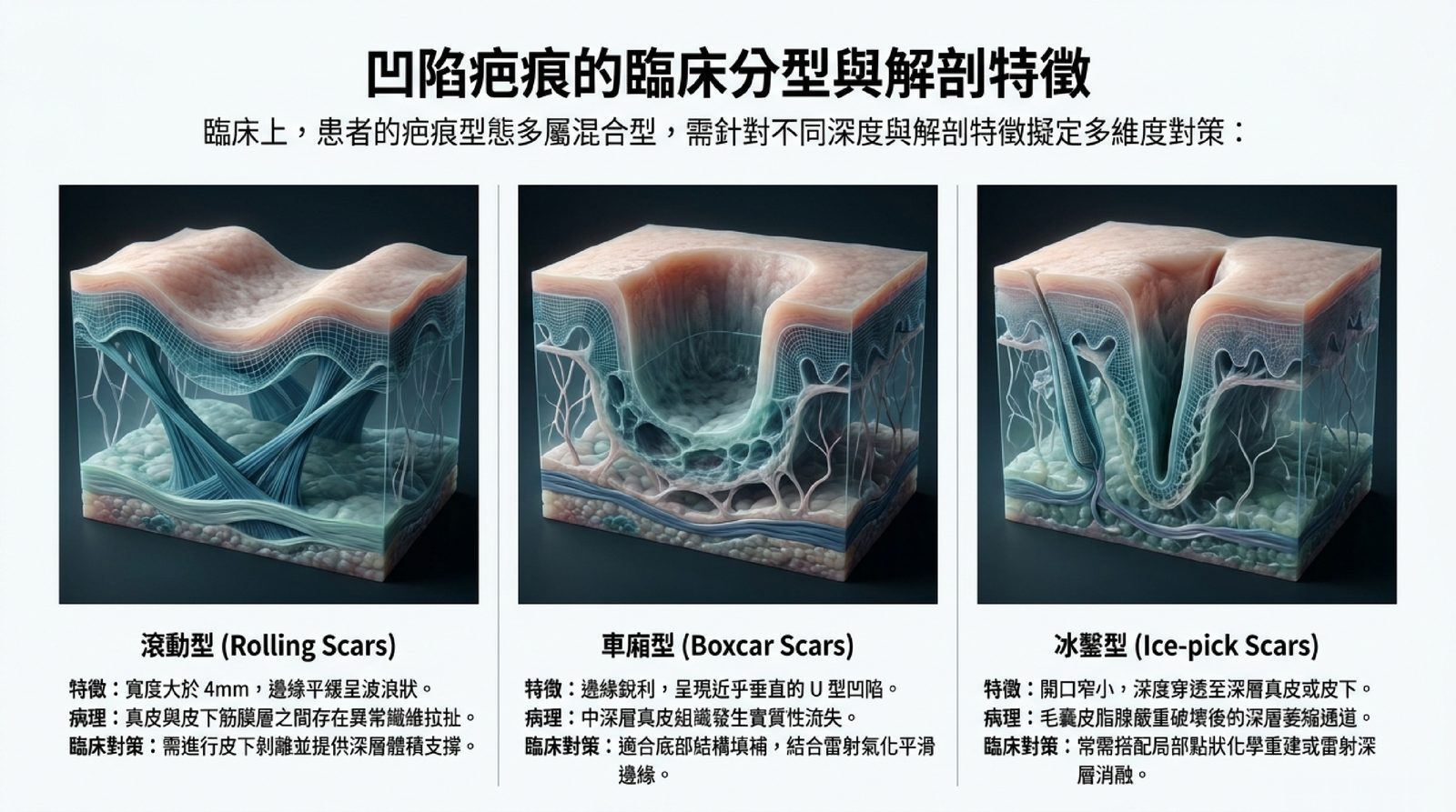 凹陷疤痕三型解剖比較:滾動型寬度大於4mm邊緣平緩、車廂型邊界銳利呈U型、冰鑿型開口窄而深達深層真皮