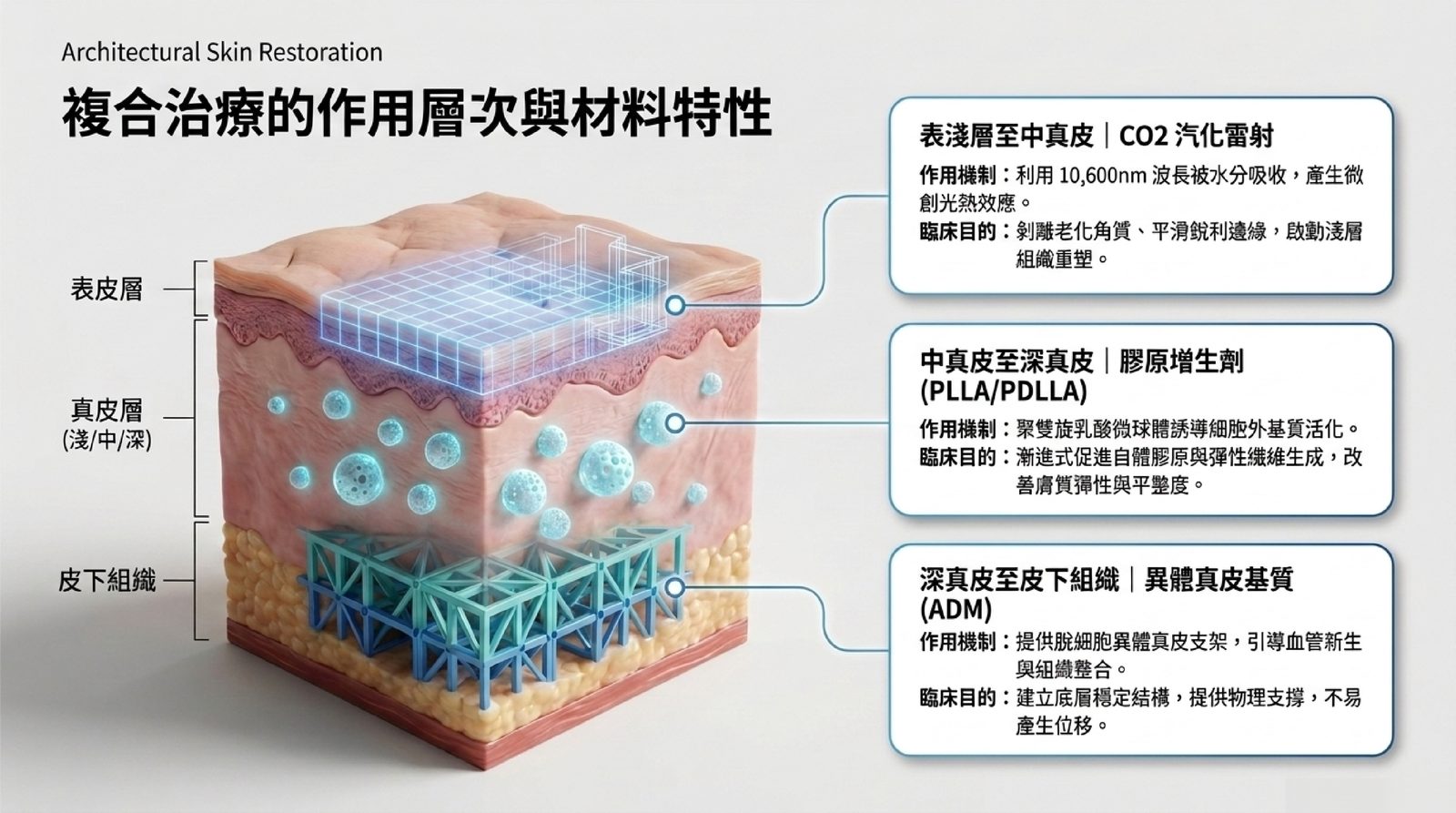 複合治療的作用層次:CO2汽化雷射作用於表淺層至中真皮、膠原增生劑作用於中真皮至深真皮、異體真皮基質ADM作用於深真皮至皮下組織