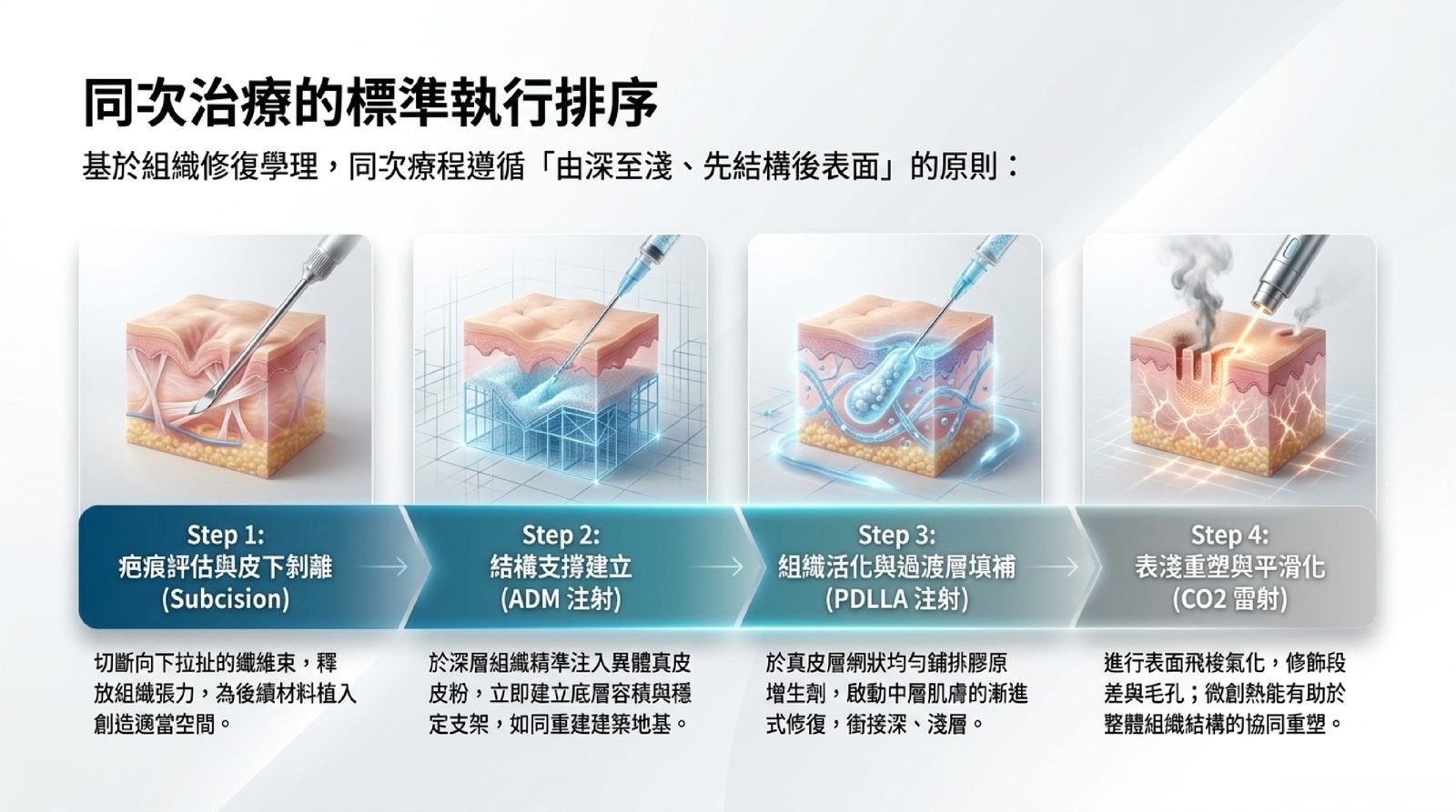 同次治療的執行排序示意:疤痕評估與皮下剝離、異體真皮基質注射建立結構支撐、膠原增生劑注射、CO2雷射表淺重塑
