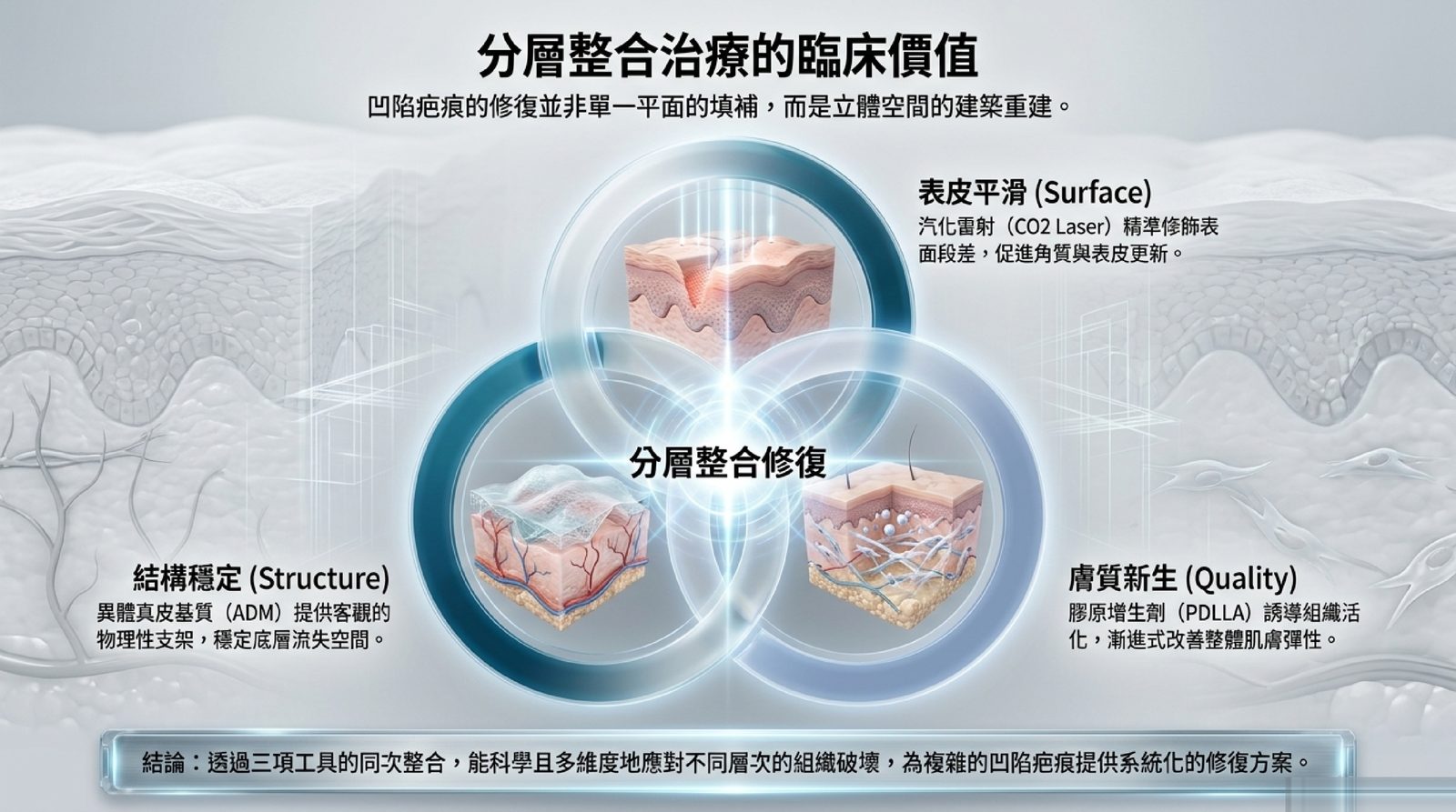 分層整合治療的三個面向:表皮平滑由汽化雷射負責、結構穩定由異體真皮基質提供、膚質新生由膠原增生劑誘導