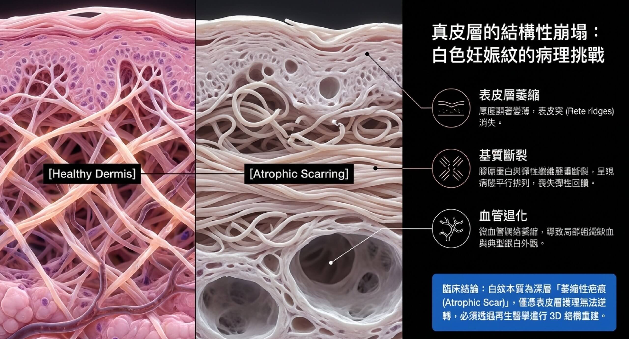 白色妊娠紋病理機制:真皮層膠原纖維破裂與彈力纖維斷裂導致的成熟萎縮性疤痕
