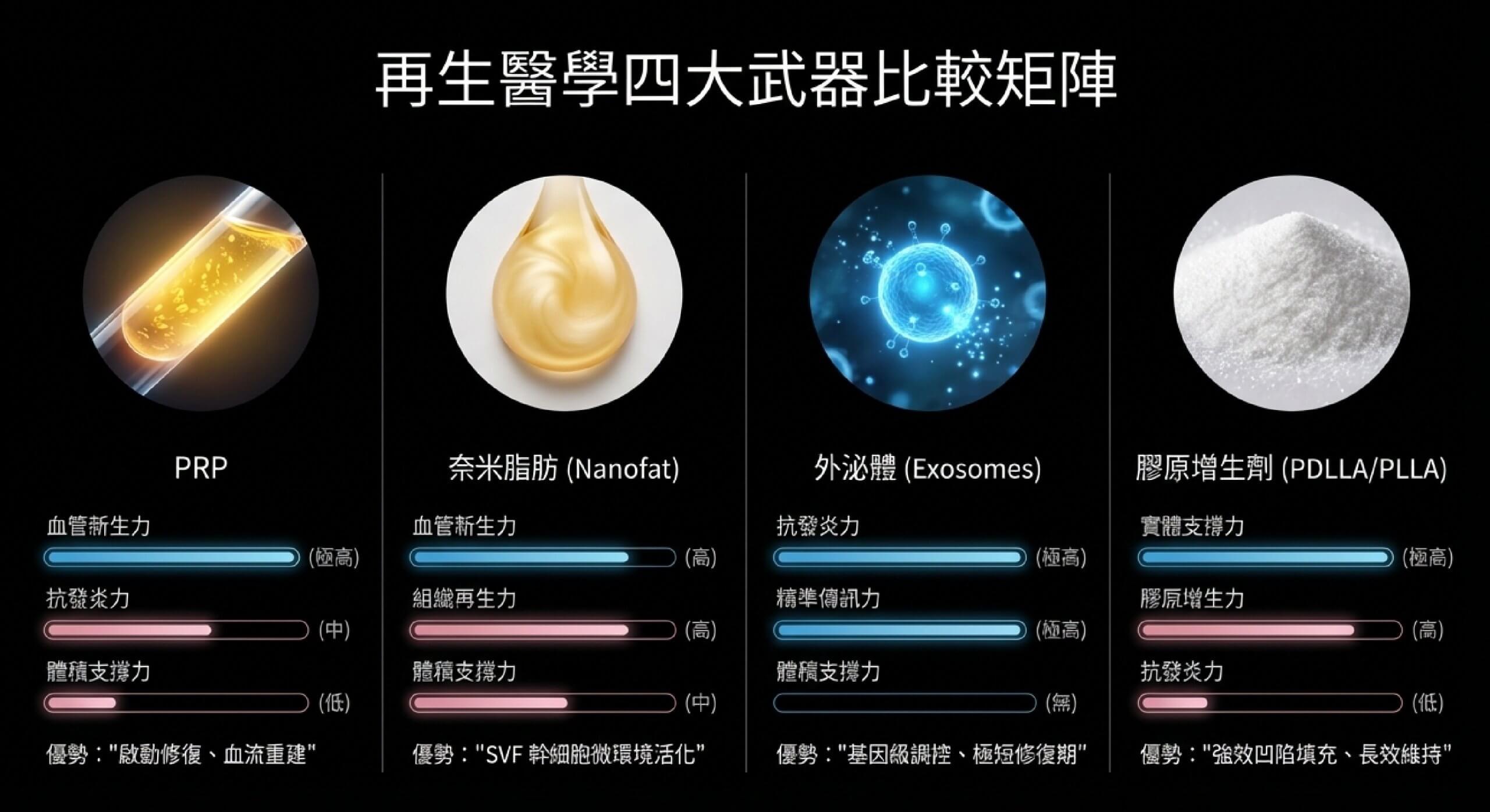 再生醫學四大武器:外泌體、PRP、奈米脂肪、聚雙旋乳酸的治療機轉比較