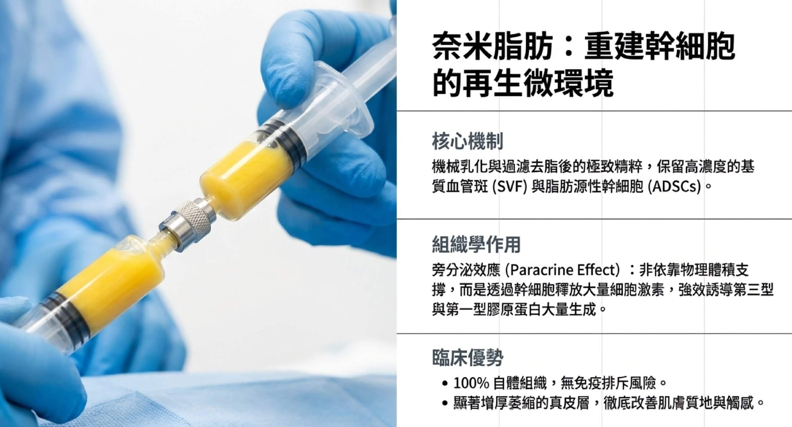 奈米脂肪:機械處理脂肪取得幹細胞與血管基質層 SVF,重建真皮再生環境
