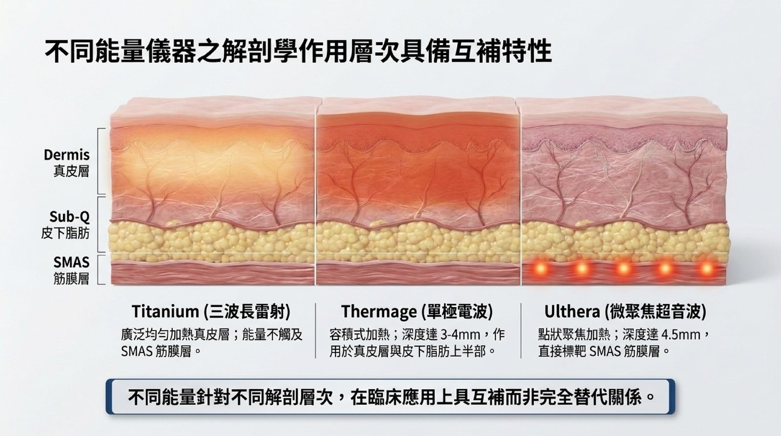 三波長雷射、單極電波與微聚焦超音波的作用層次對照:雷射與電波作用於真皮層,微聚焦超音波直接標靶 SMAS 筋膜層
